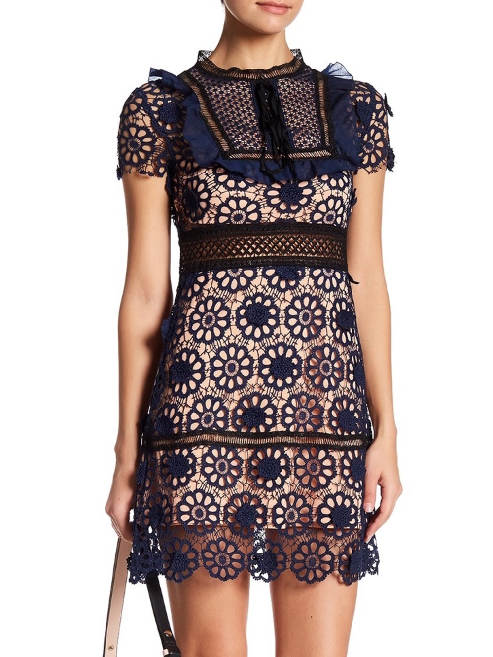 NWT Few Moda Guipure Lace Mini Dress Navy  Blue Nude Sz L